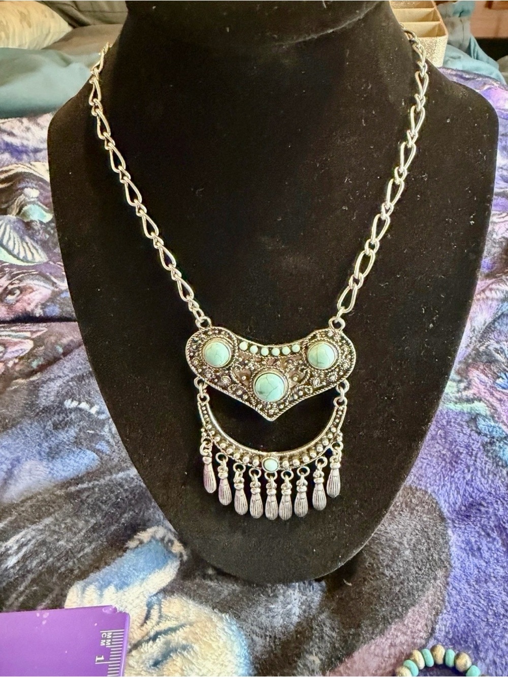 Turquoise colored Howalite Stone Silver-Tone Boho Pendant Necklace